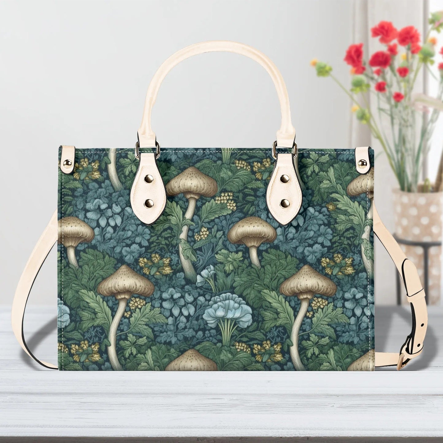 Blue Green Mushrooms Luxury Womens Vegan Leather Handbag