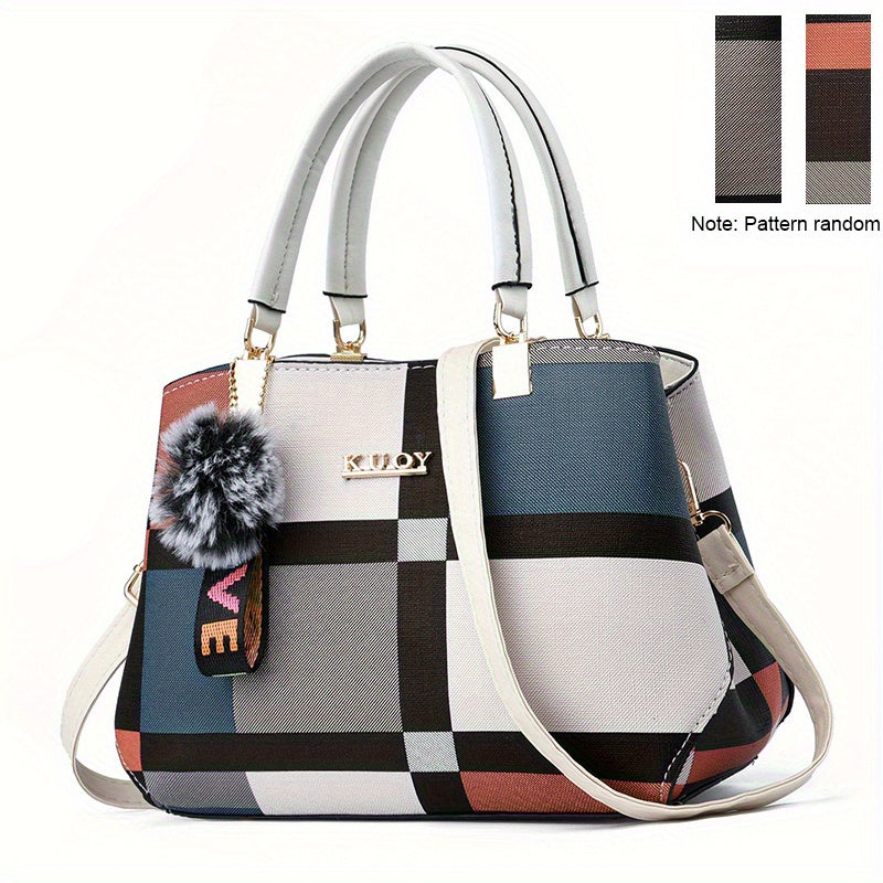 Stylish Plaid Pattern Satchel Bag - Colorblock Double Handle Purse for Women's Fashion Crossbody Bag