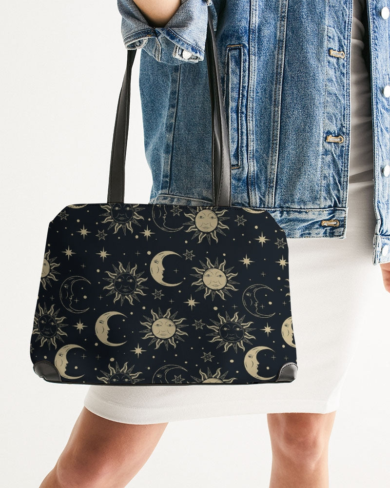 Sun Moon Shoulder Purse Handbag, Black Gold Stars Constellation Print Faux Vegan Leather Designer Gift Satchel Top Handle Bag with Strap Zip