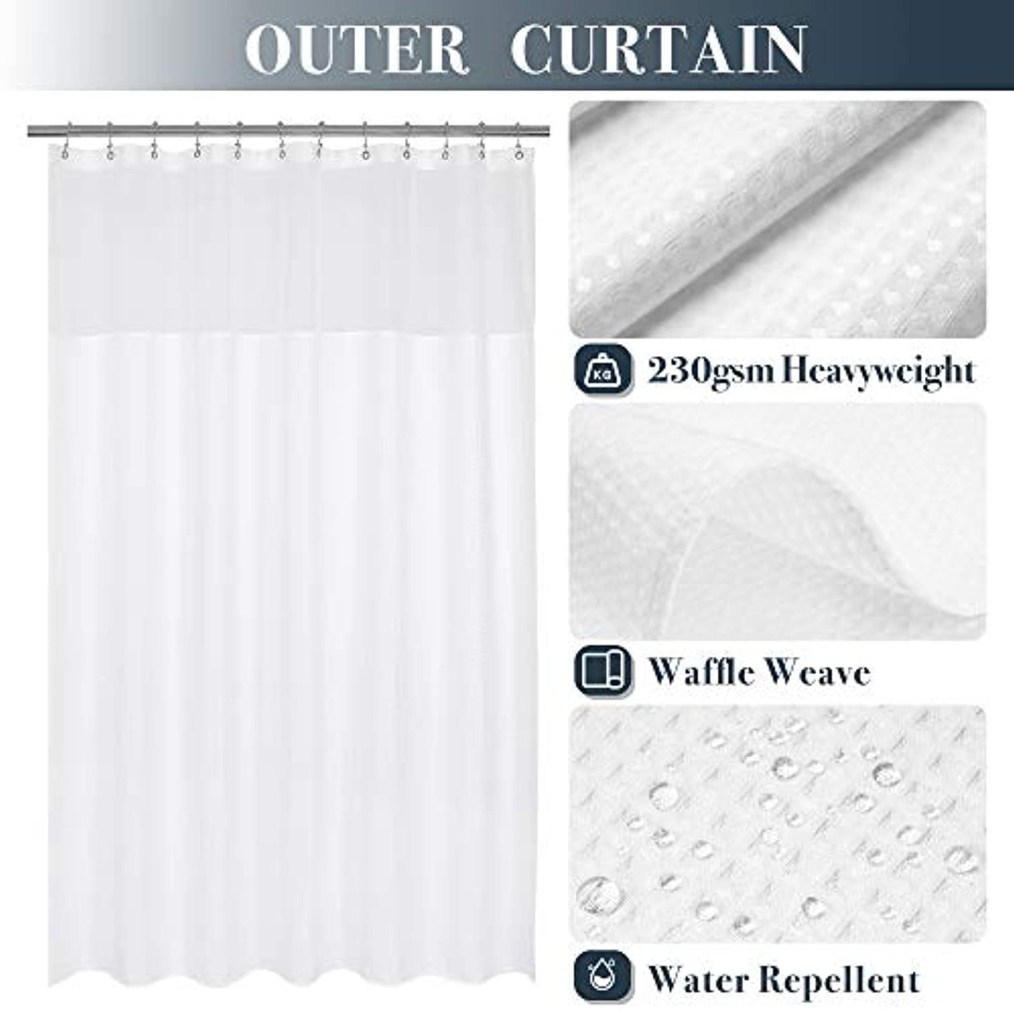 Waffle Weave Shower Curtain 12 Hooks 71x72, White