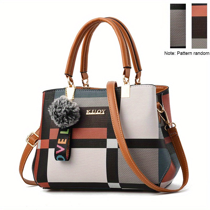 Stylish Plaid Pattern Satchel Bag - Colorblock Double Handle Purse for Women's Fashion Crossbody Bag