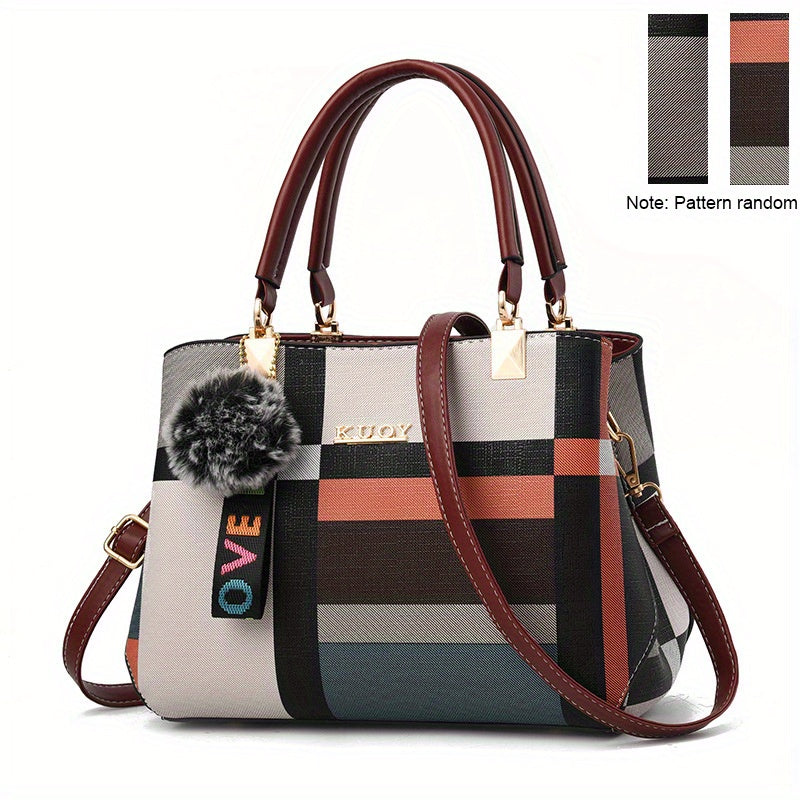 Stylish Plaid Pattern Satchel Bag - Colorblock Double Handle Purse for Women's Fashion Crossbody Bag