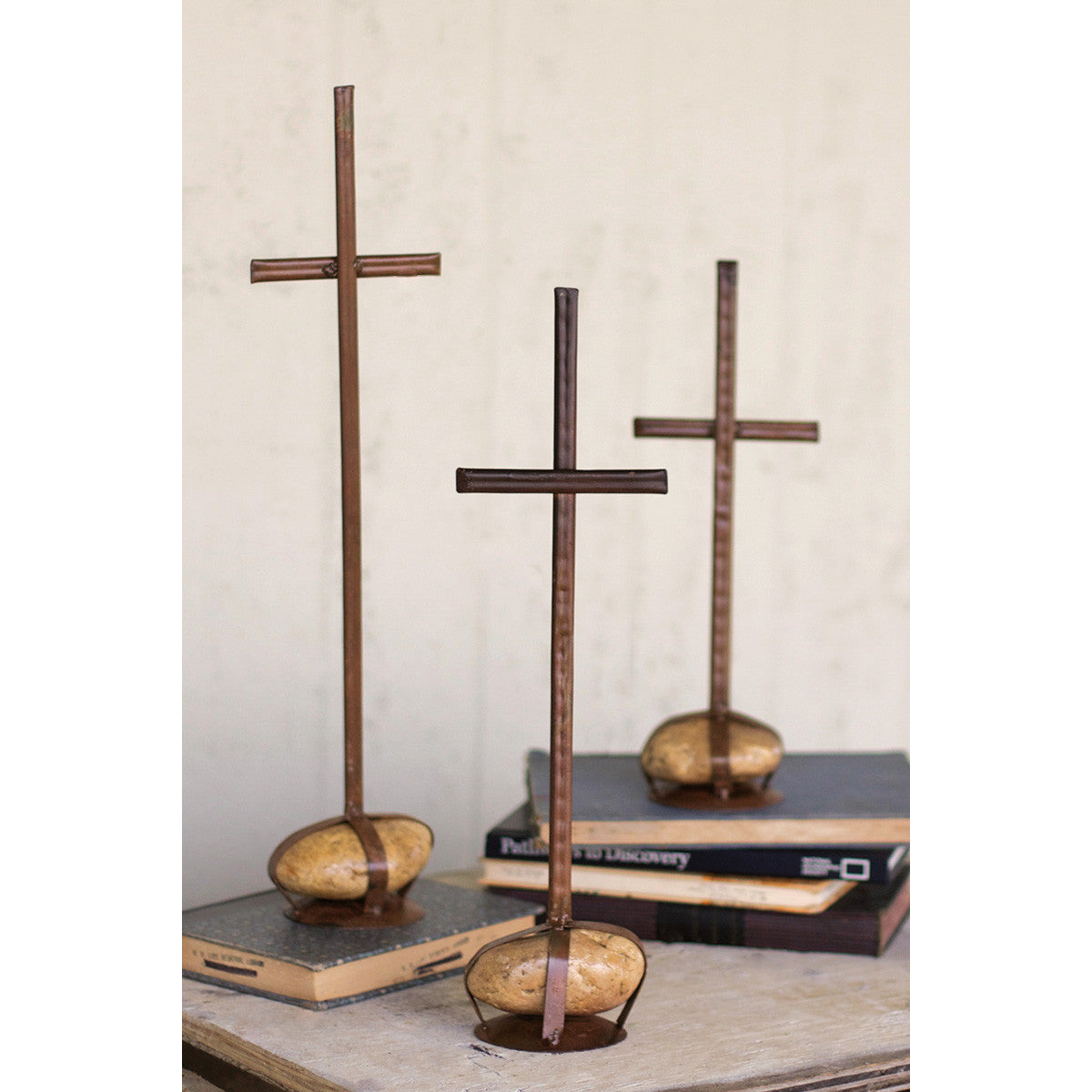 Set of 3 Scrap Metal Crosses With Caged Rock Bases