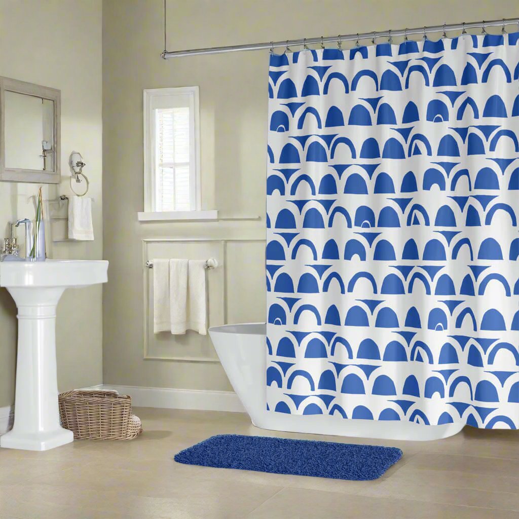 Washable Water & Mold-Resistant Fabric Shower Curtain - No Liner Needed - Blue and White Stonewall
