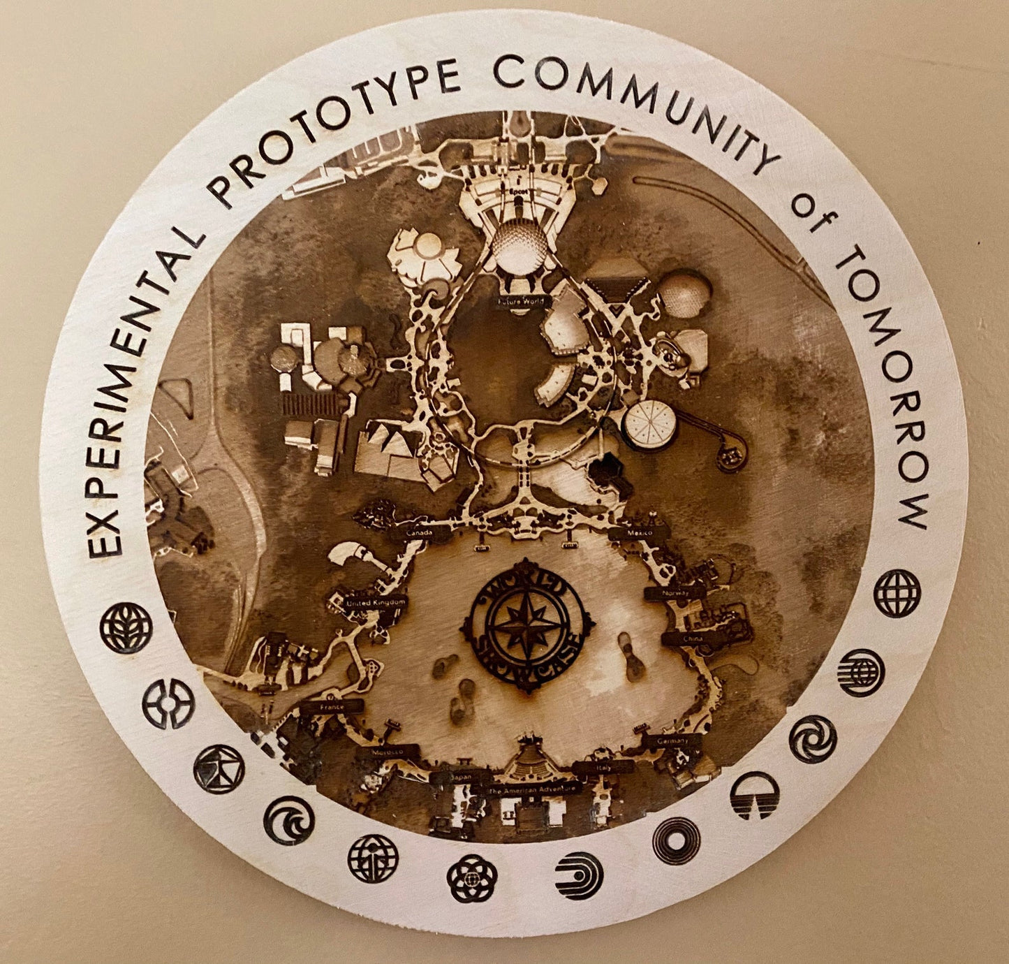 EPCOT Laser-Etched Wooden Map - Experimental Prototype Community of Tomorrow