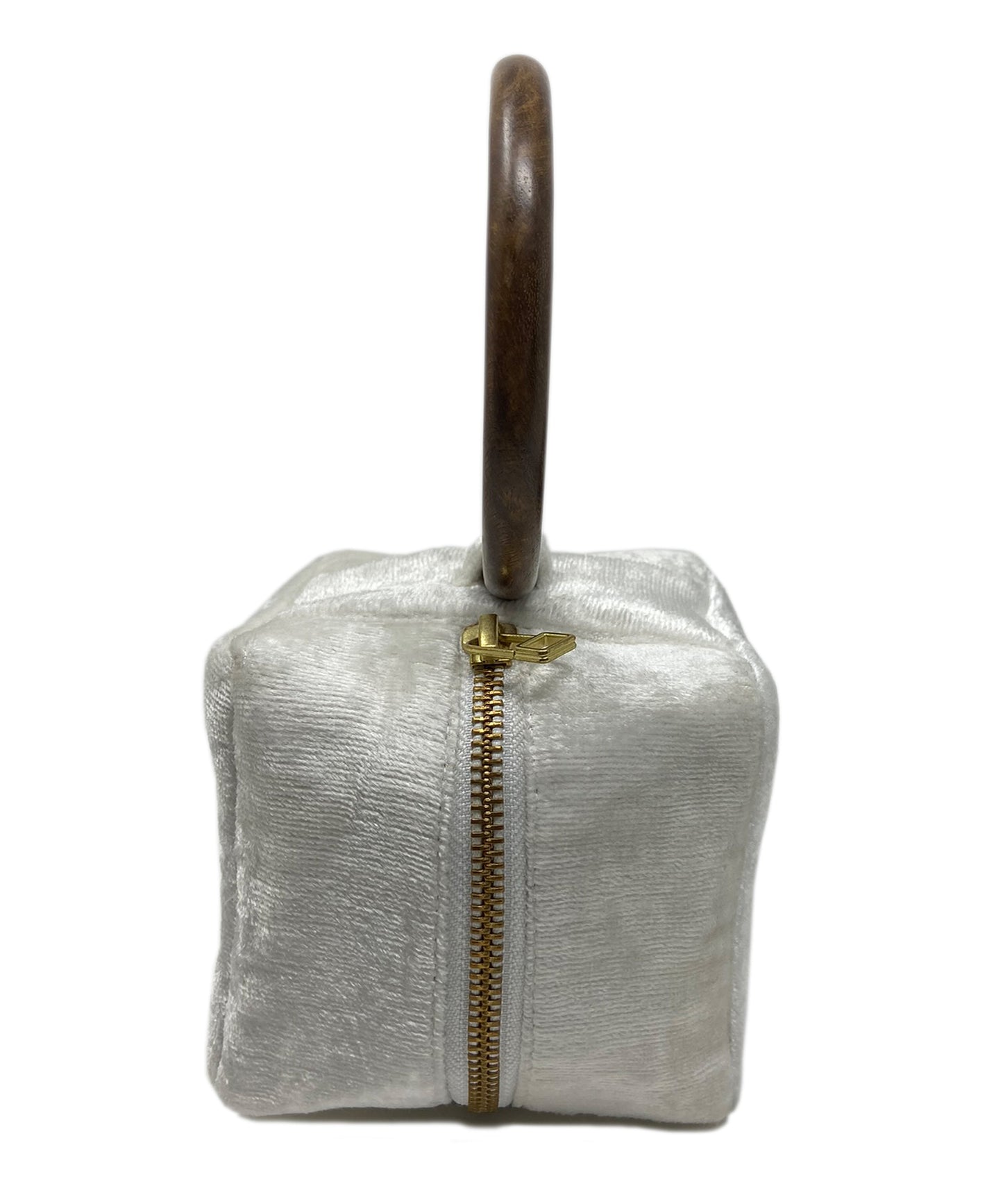 Amore Beaute small purse for women is handcrafted from plush velvet to a compact shape with a rounded top wooden handle.