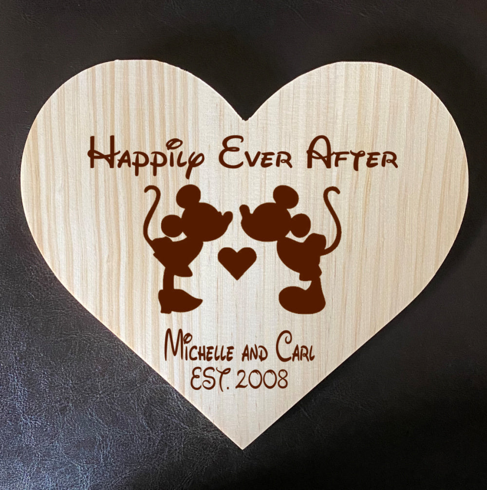My Love! Mickey & Minnie Inspired Wooden Heart Love Plaque - Personalized Family Name/Est Date