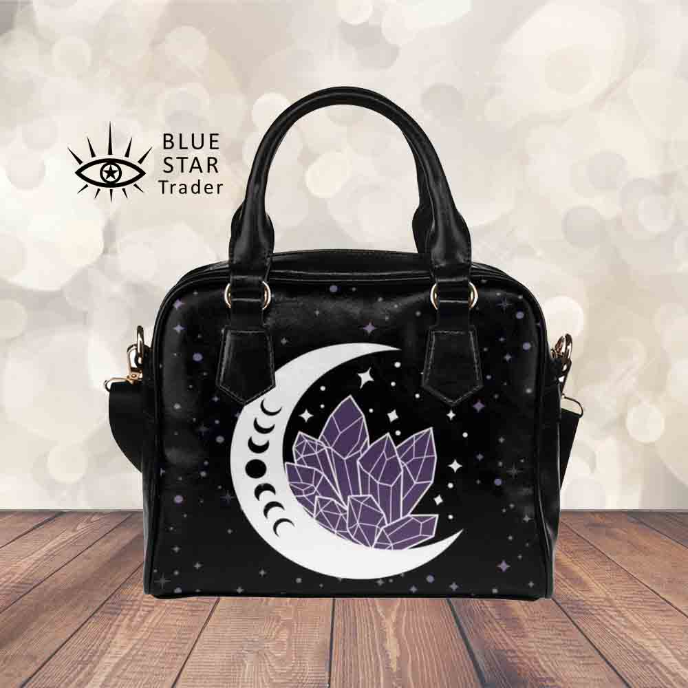 Moon and Amethyst Crystals Witchy Purse, Witch Bowler Bag