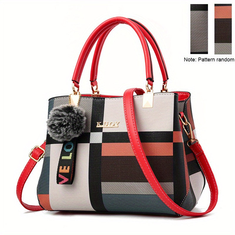 Stylish Plaid Pattern Satchel Bag - Colorblock Double Handle Purse for Women's Fashion Crossbody Bag