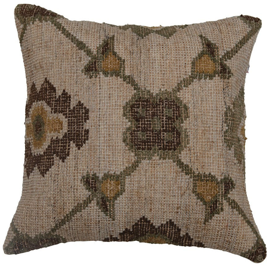 Woven Jute, Wool & Cotton Kilim Pillow with Cotton Back, Multi Color