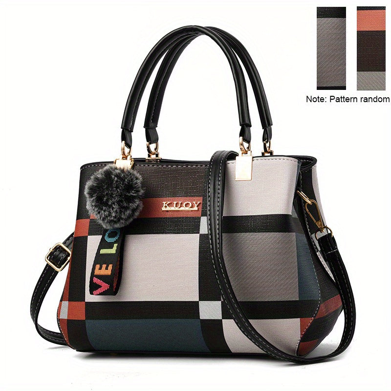 Stylish Plaid Pattern Satchel Bag - Colorblock Double Handle Purse for Women's Fashion Crossbody Bag