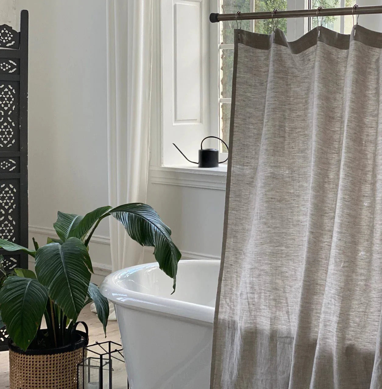 White & Off-White Linen Shower Curtain - Extra Long Linen Simple Bathroom Panel – Customs Size. 80", 90". and 96" Height