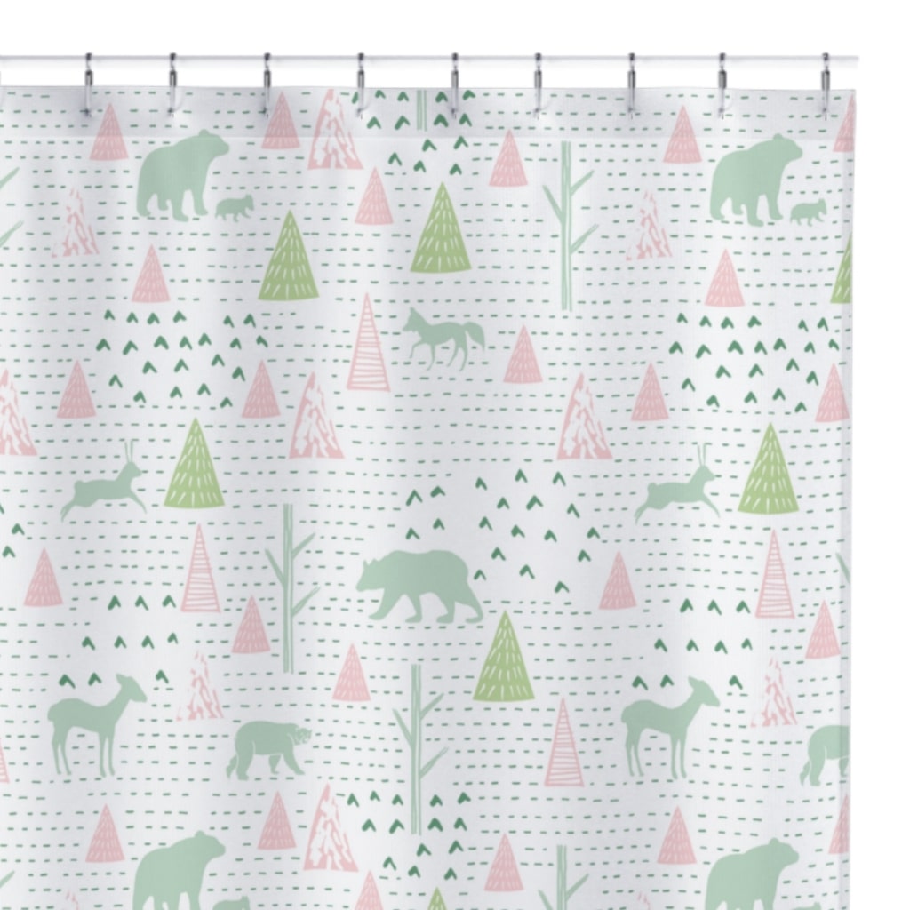 Washable Water-Resistant Fabric Shower Curtain - No Liner Needed - Pink & Green Animals