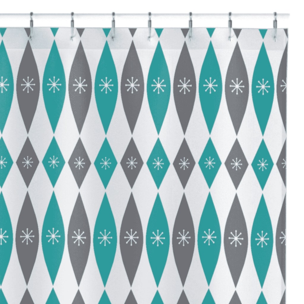 Water Resistant Washable Durable Fabric Shower Curtain - Unique Design- Turquoise & Grey Mid Century Style