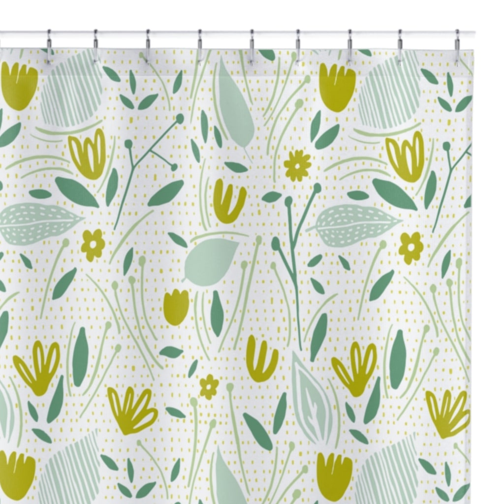 Floral Design On Washable Fabric Shower Curtain - Water & Mold Resistant - Mustard & Green Floral