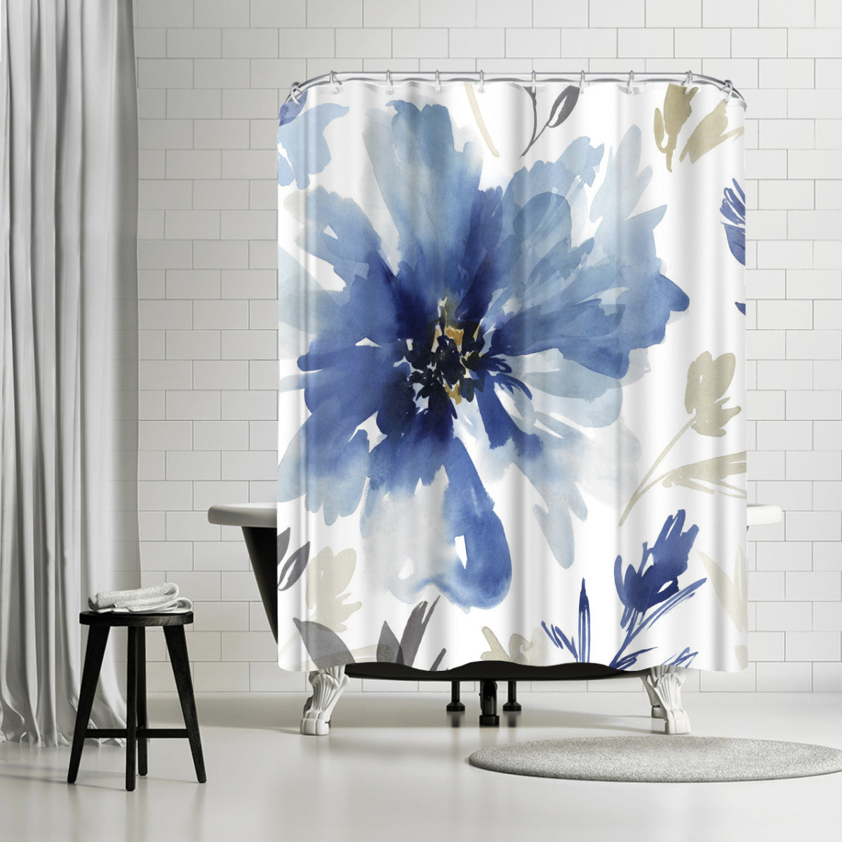 71" x 74" Abstract Shower Curtain with 12 Hooks, Indigo Version Finesse I Indigo Version by Pi Creative Art