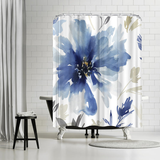 71" x 74" Abstract Shower Curtain with 12 Hooks, Indigo Version Finesse I Indigo Version by Pi Creative Art