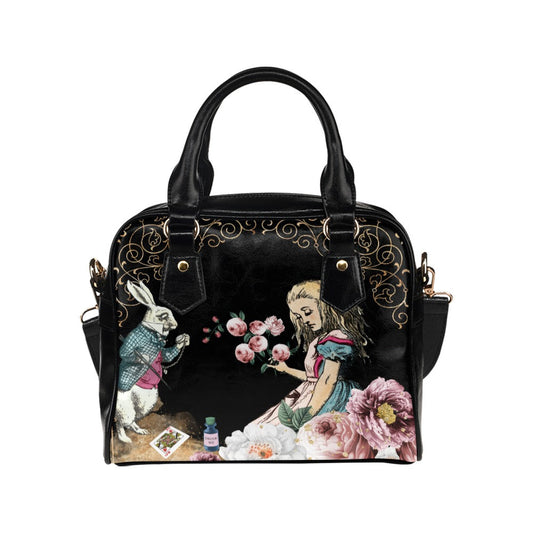 Pink Alice In Wonderland Purple Handbag Bowler Bag Purse with White Rabbit