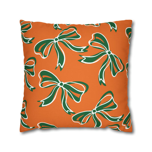 Trendy Bow College Pillow Cover - Dorm Pillow, Graduation Gift,Bed Party Gift,Acceptance Gift,College Gift, Miami Hurricanes, orange & green