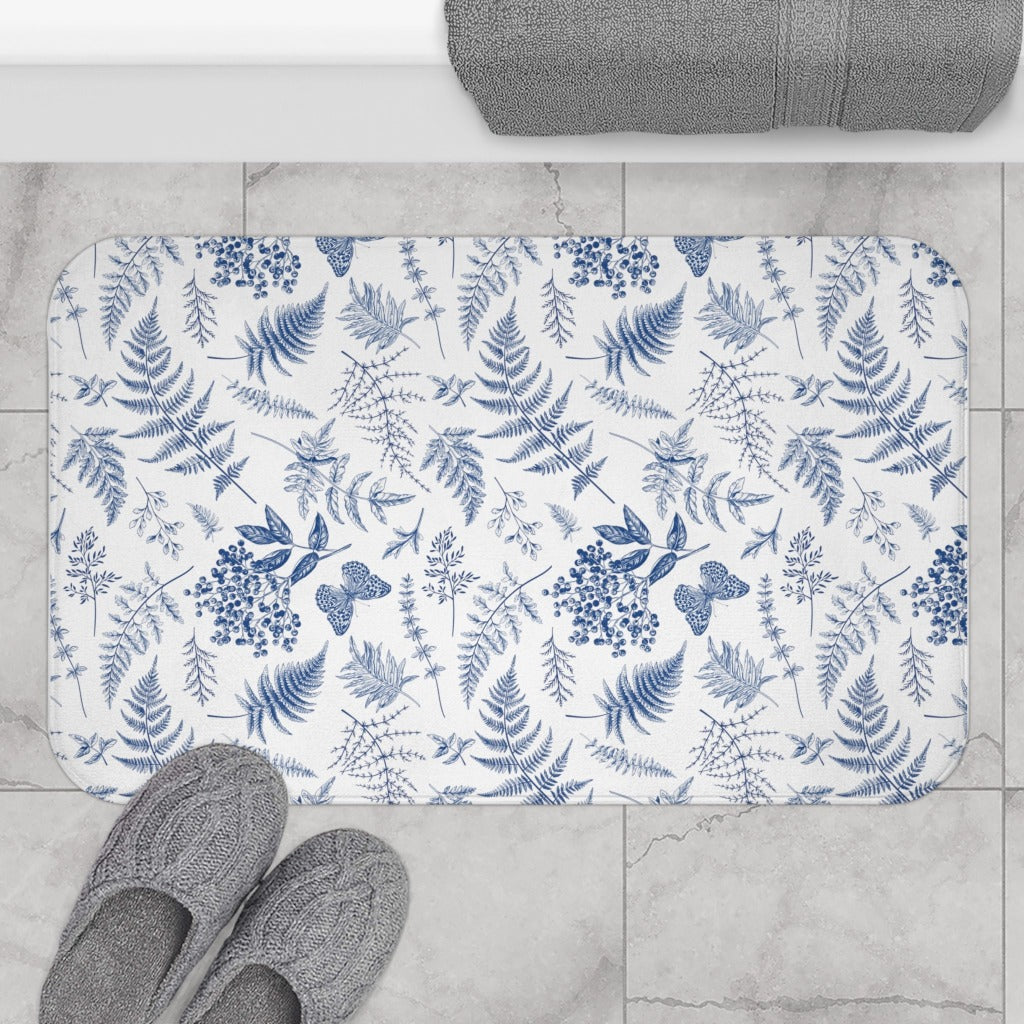 Stunning Vivid Washable Blue and White Botanics Bath Mat