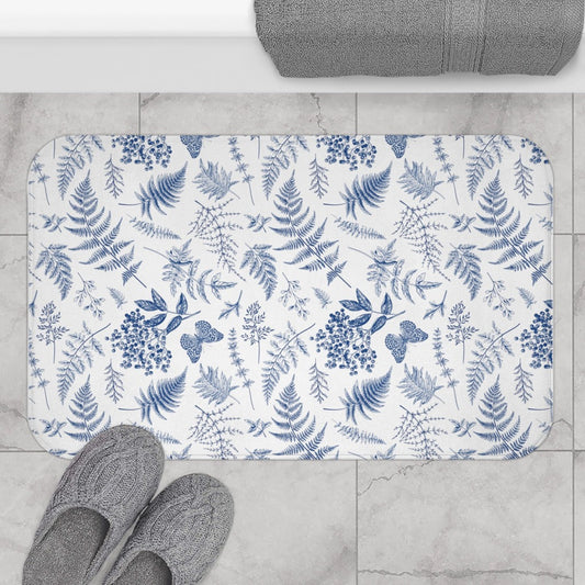 Stunning Vivid Washable Blue and White Botanics Bath Mat