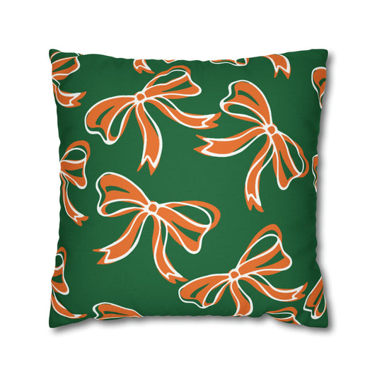 Trendy Bow College Pillow Cover - Dorm Pillow, Graduation Gift,Bed Party Gift,Acceptance Gift,College Gift, Miami Hurricanes, orange & green