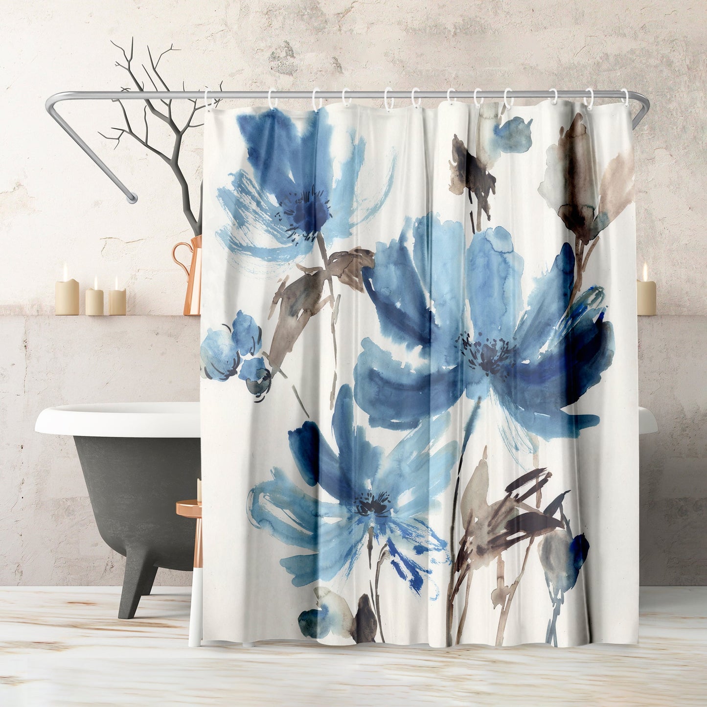 71" x 74" Floral Shower Curtain with 12 Hooks, Blissful Blue by PI Creative Art