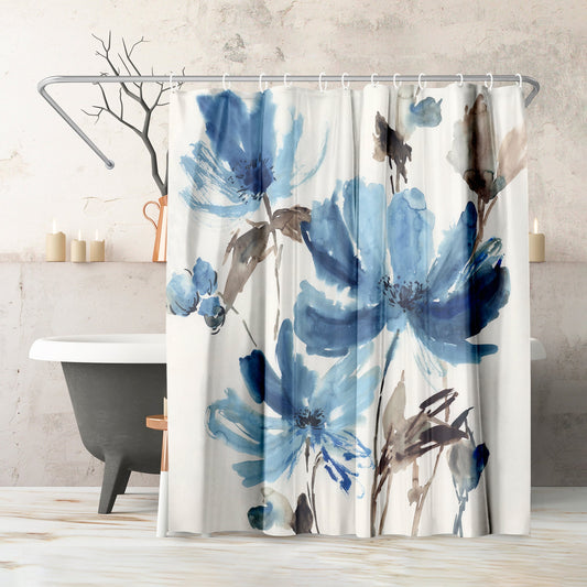 71" x 74" Floral Shower Curtain with 12 Hooks, Blissful Blue by PI Creative Art