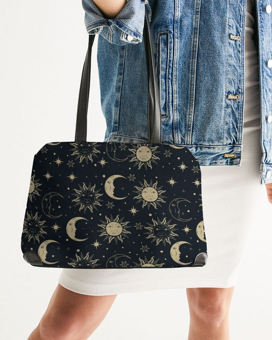 Sun Moon Shoulder Purse Handbag, Black Gold Stars Constellation Print Faux Vegan Leather Designer Gift Satchel Top Handle Bag with Strap Zip