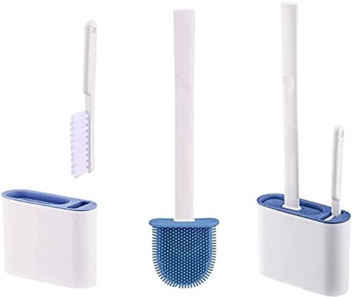Toilet Brush and Holder, Double Brush Combination Silicone Toilet Bowl Brush Flat Flexible Bristles Deep Cleaning Wall-Mounted Toilet Cleaner Brush for Bathroom (Blue)