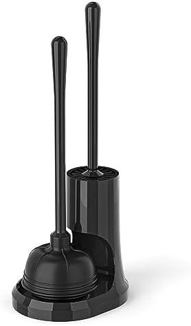 uptronic Toilet Plunger and Silicone Brush, Silicone Brush and Heavy Duty Toilet Plunger Set with Holder, 2-in-1 Bathroom Cleaning Combo with Modern Caddy Stand (Black)