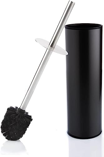 Toilet Brush and Holder - Free Standing Stainless Steel Toilet Brushes with 2 Extra Brush Head - Closed Hideaway Design Scrubber Brush with Stiff Bristles for Deep Cleaning (Matt Black)