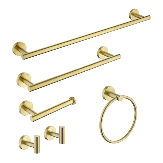 6-Piece Brushed Gold Bathroom Set Stainless Steel Round Wall Mounted