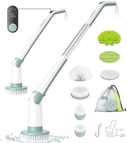 Electric Spin Scrubber, Shower Scrubber with LED Display & 6 Replacement Scrubber Head, Dual Speed Bathroom Scrubber, Electric Scrubber for Cleaning Bathtub Grout Tile Floor, Green