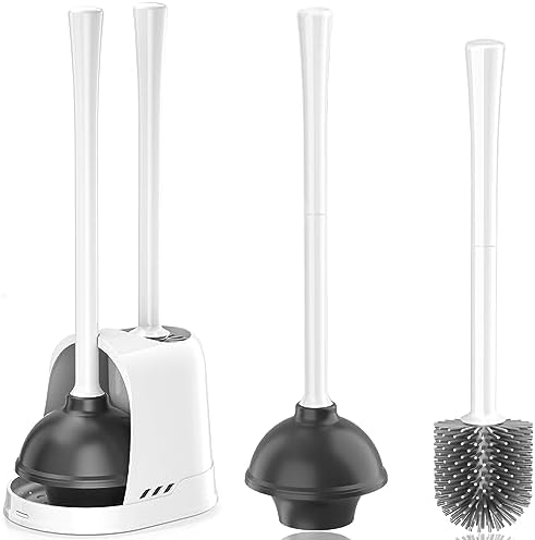 Toilet Plunger and Brush, Silicone Bowl Brush and Heavy Duty Toilet Plunger Set with Ventilated Holder, 2-in-1 Toilet Brush and Plunger Combo for Bathroom Cleaning (White, 1 Set)