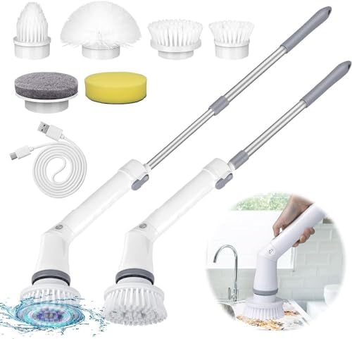 Cordless Electric Spin Scrubber Rechargeable, 6 Replacement Head & 2 Adjustable Speed Power Scrubber, Power Shower Scrubber for Bathroom, Tub, Tile, Floor, Household Cleaning Tools
