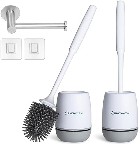 SHOWATH Toilet Bowl Brush and Holder Set -with Toilet Paper Holder Gift - 2 Pack Silicone Bristles Bathroom Cleaning Bowl Brush Kit, Bathroom Cleaner Brush, Deep Cleaning, Drip-Proof, Easy to Assemble