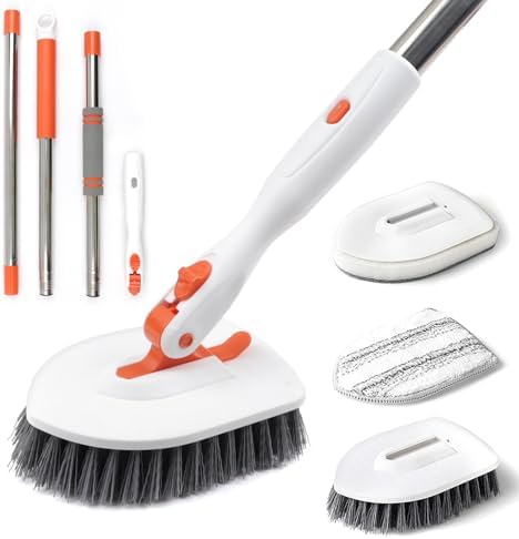 Tub Tile Scrubber Brush, 3 in 1 Shower Cleaning Brush with 53" Adjustable Long Handle, Floor Scrub Brush with Locking Head 3 Replacement Head for Cleaning Bathtub Bathroom Kitchen Toilet Wall