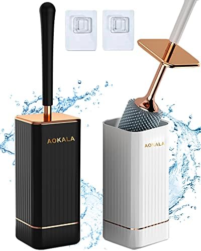 Toilet Brush and Holder, Elegant 2 Pack Silicone Toilet Bowl Brush Set with Ergonomic Long Handle, Modern Bathroom Decor Cleaning Accessories, Durable, Deep Cleaning - Black & White