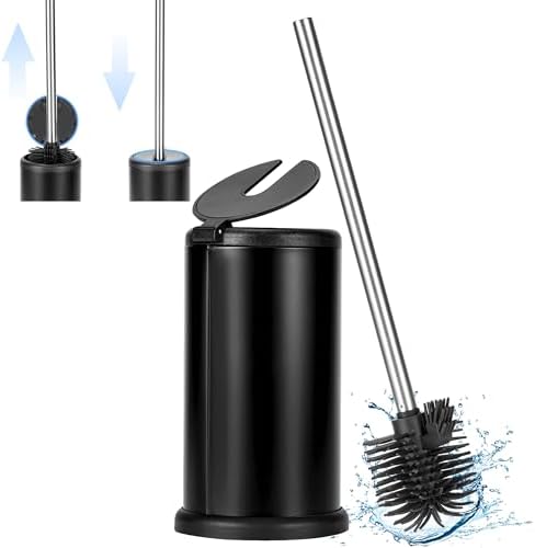Toilet Brush and Holder Set, Toilet Bowl Cleaners Brush, Silicone Bristles and Extra Long Stainless Steel Handle and Free Standing Tall Holder, Black