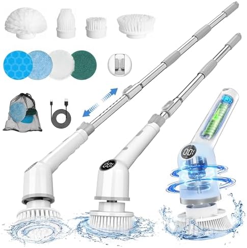 Electric Spin Scrubber: Cordless Shower Scrubber with 8 Replaceable Brush Heads- 3 Adjustable Speeds- Adjustable Extension Handles- Power Cleaning Brush for Bathroom- Floor- Tile