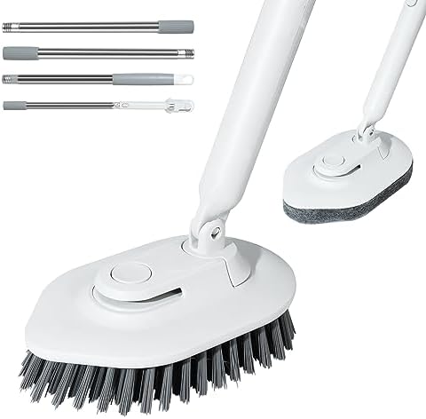 2 in 1 Tub & Tile Scrubber Cleaning Brush with Long Handle - 50'' Shower Bathtub Brush Include 1 Stiff Brush & 1 Sponge Brush for Kitchen Floor Wall Bathroom Glass Toilet Window