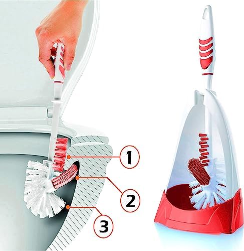 Rigorous Team Toilet Brush and Holder- 3 Functioned Toilet Bowl Cleaner Brush, Now Very Easy Under The Rim Cleaning. Strong Bristles, Good Grips. Toilet Bowl Brush (Red)
