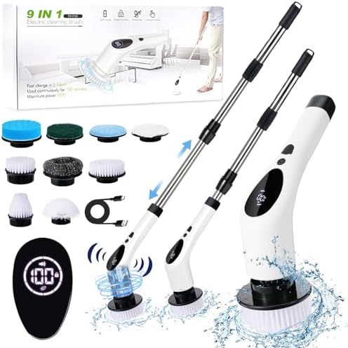 Electric Spin Scrubber, 2024 New Cordless Shower Scrubber with 9 Replaceable Brush Heads and 52" Adjustable Extension Handle, 3 Speed Power Cleaning Brush for Bathroom, Kitchen, Car, Tile, Wall, Floor
