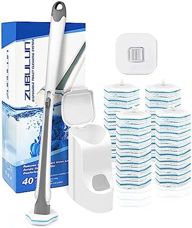 Disposable Toilet Brush Holder Set Wall Mounted with 40 Cleaner Refills, Small Hidden Bathroom Bowl Cleaning Wand Kit Long Handle with Storage Caddy