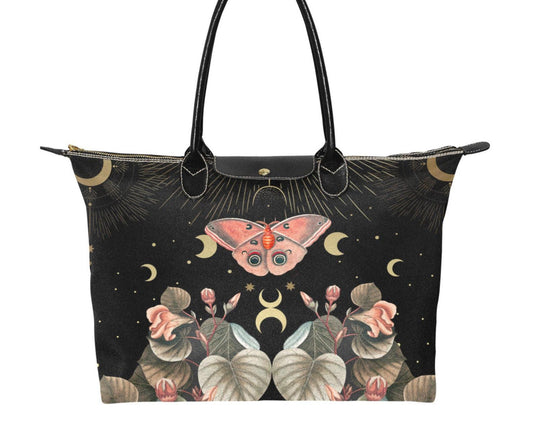 Moon Phase Moth Butterfly Fabric zip tote classic Handbag