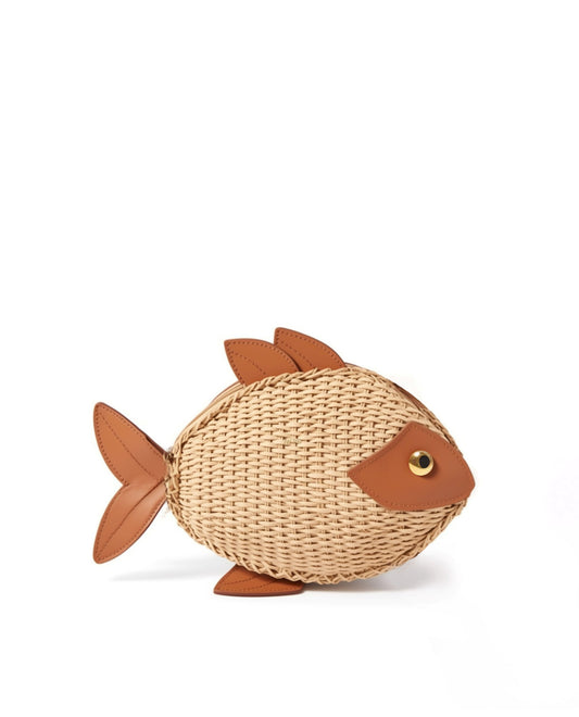 Brown rattan fish clutch shape bag