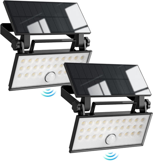 OREiN 2 Pack Solar Outdoor Lights 5000K High Efficiency Motion Sensor Flood Lights 2600mAh Solar Security Lights IP65 Waterproof 3 Modes Solar Motion Lights for Garage, Porch, Patio