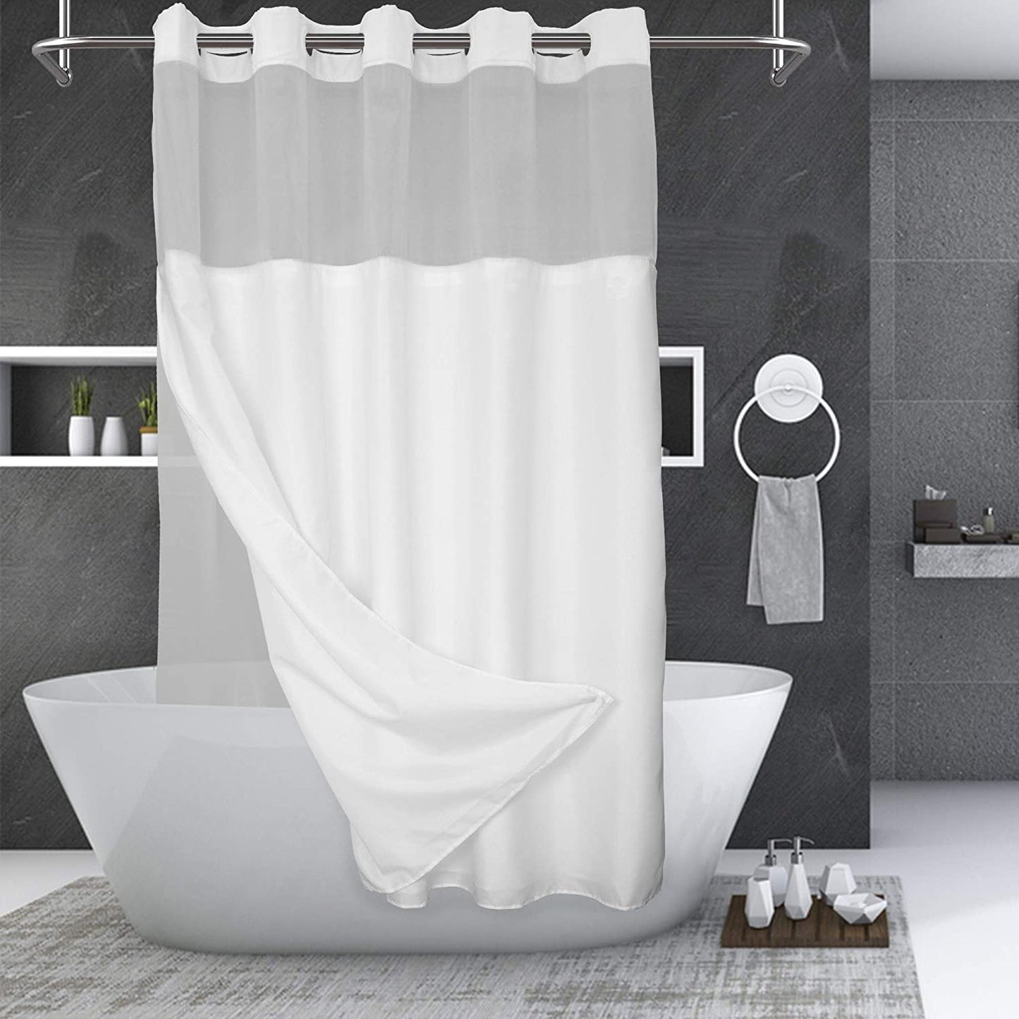 No Hooks Needed Shower Curtain White, 71x74