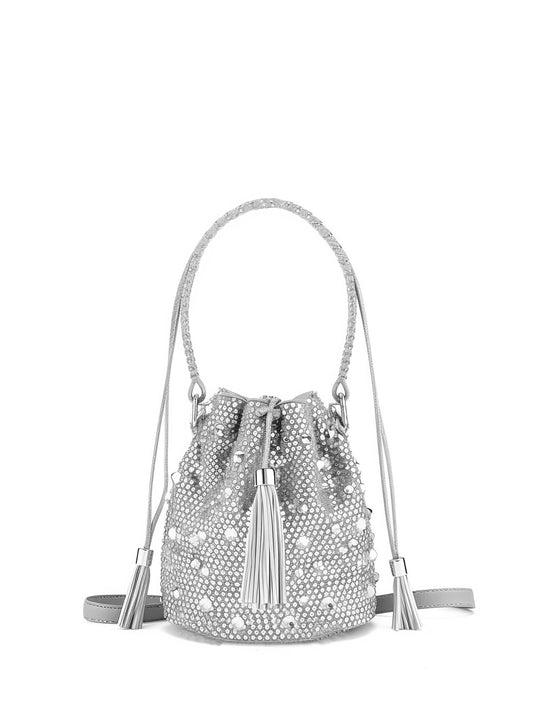 Faux Crystal Drawstring Tassel Bucket Bag - Grey
